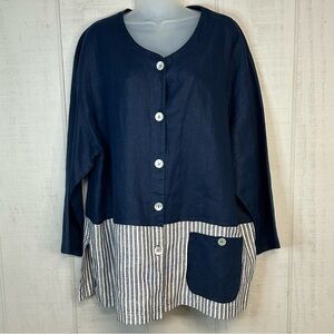 David Dart Womens 100% Linen‎ Tunic Top Plus 1X Buttons Nautical Lagenlook Blue